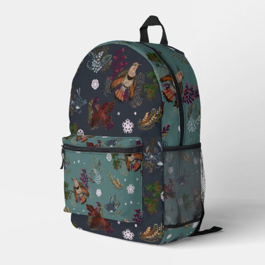 American Winter Birds Woodland Pattern Bedruckter Rucksack (Rückseitige Ecke Rechts)