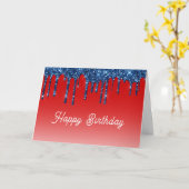 Americana Red Blue Glitter Drip Birthday Karte (Gelbe Blume)