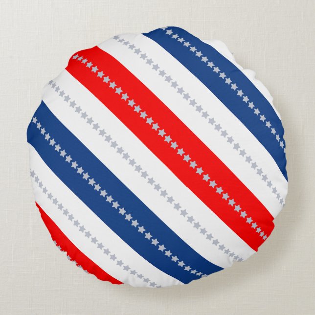 Americana Red White Blue Stars & Stripes Rundes Kissen (Rückseite)