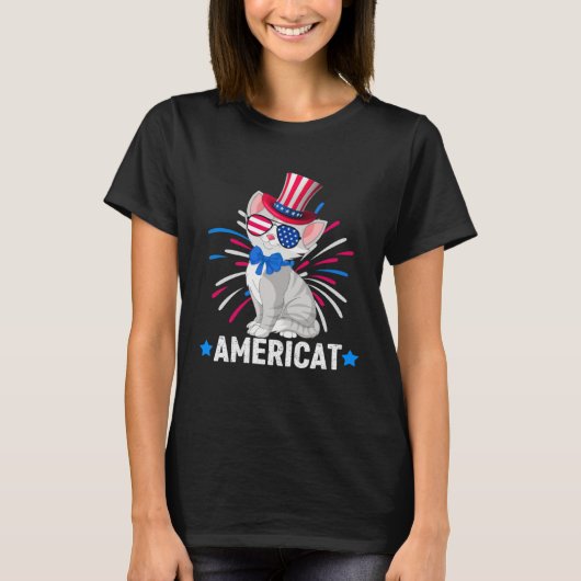 Americat Kids 4th of July Gray Cat American Flag F T-Shirt (Vorderseite)
