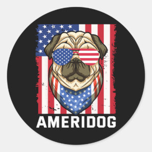 Ameridog American Flag Mops Hund 4. Juli Indepen Runder Aufkleber