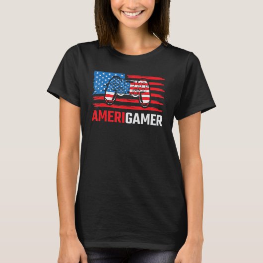 Amerigamer Distressed American Flag Gamer July 4th T-Shirt (Vorderseite)