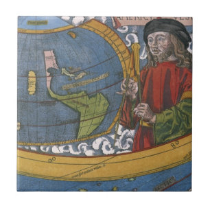 Amerigo Vespucci Entdecker auf einer Karte der Ame Fliese
