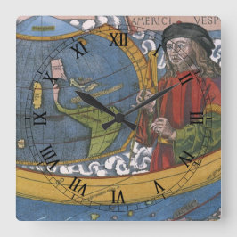 Amerigo Vespucci Explorer auf einer Karte von Amer Quadratische Wanduhr