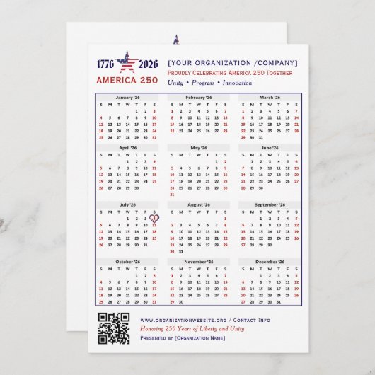 Amerika 250 Patriotic 2026 Calendar Keepake Card (Vorne/Hinten)