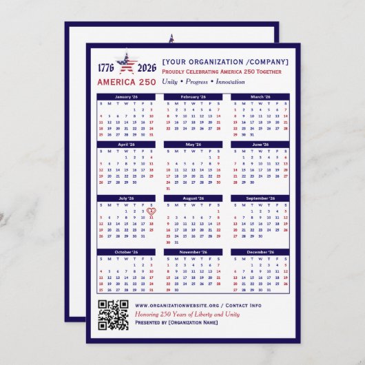 Amerika 250 Patriotic Blue 2026 Kalender Keepake (Vorne/Hinten)