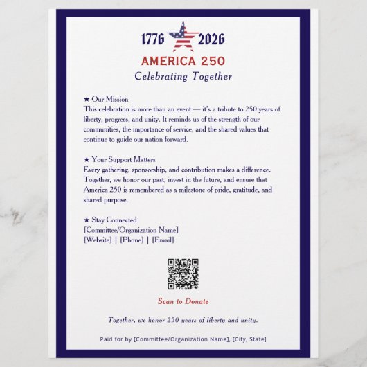 Amerika 250 Patriotic Blue 2026 Kalender Keepake Flyer (Hinten)