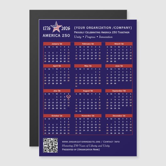 Amerika 250 Patriotic Blue 2026 Kalender Keepake Magnetkarte (Vorne/Hinten)