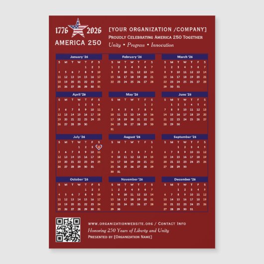 Amerika 250 Patriotischer Roter Kalender 2026 Keep Magnetkarte (Vorderseite)