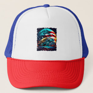 Amerika-Schildkröte unter Mond mit amerikanischer  Truckerkappe