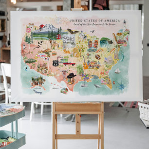 Amerika Watercolor Illustriert USA Map Postkarte