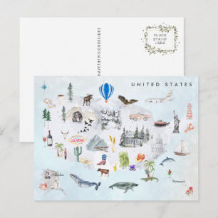 Amerika Watercolor Illustriert USA Map Postkarte