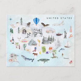 Amerika | Watercolor Illustriert USA Map Postkarte