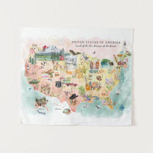 Amerika Watercolor Illustriert USA Map Wandteppich