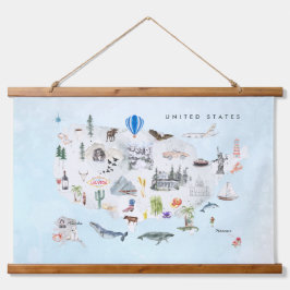 Amerika | Watercolor Illustriert USA Map Wandteppich Mit Holzrahmen