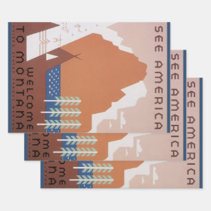 Amerika Willkommen in Montana, Vintage Travel Geschenkpapier Set