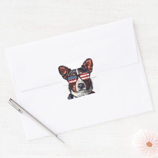 Amerikaner 4. Juli Hund #10 Quadratischer Aufkleber (Umschlag)