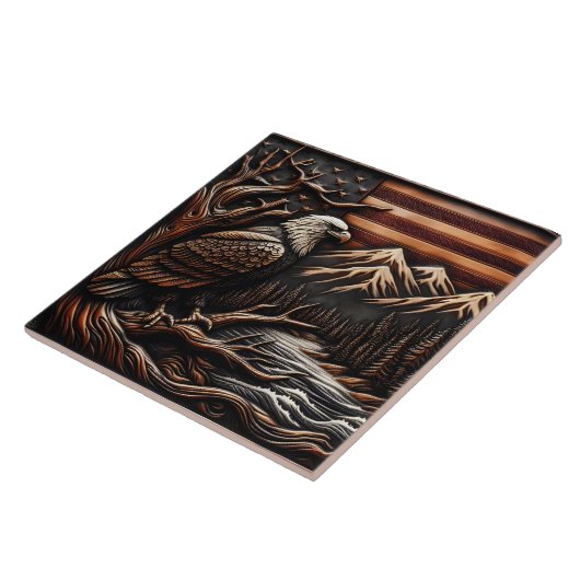 Amerikanische Adlerskulptur mit Bergen und Fahne Fliese (Seite)