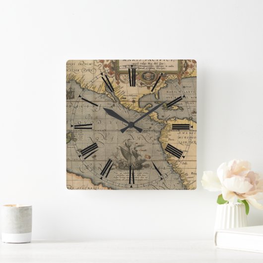 Amerikanische Antike Karte Quadratische Wanduhr (Zuhause)