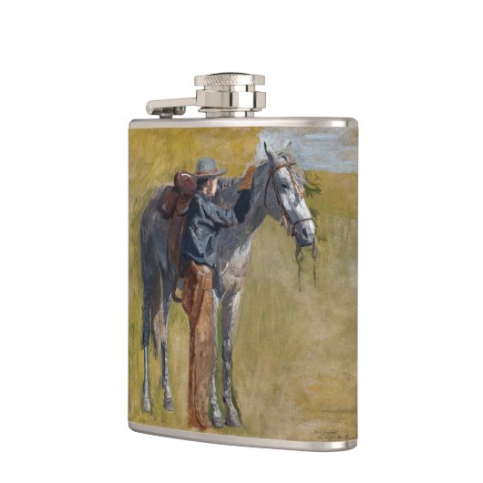 Amerikanische Badlands: Alter Westjunge mit Pferd Flachmann (Links)