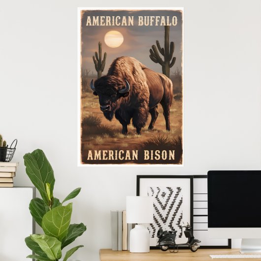 Amerikanische Bisons stehen in einer Wüste Poster (Heimbüro)