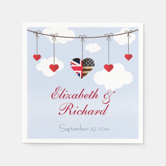 Amerikanische Britische Fahne Hearts Wedding Party Serviette (Vorderseite)