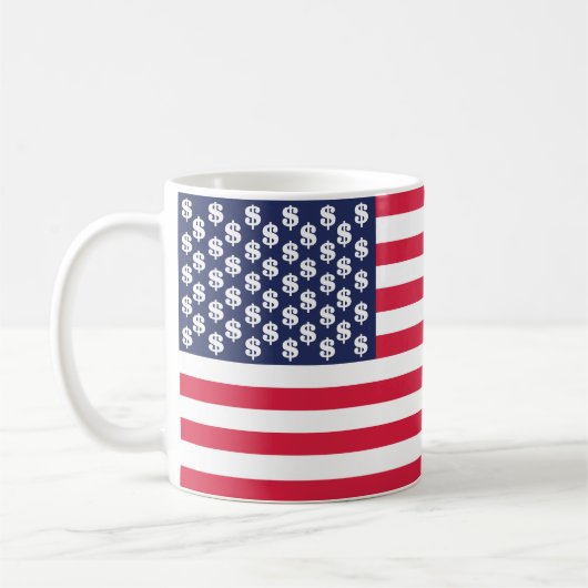 Amerikanische Dollarflagge vereinte Staaten und Kaffeetasse (Links)