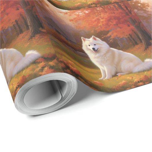 Amerikanische Eskimo im Herbst Leaves Fall Inspiri Geschenkpapier (Rolleneckpunkt)