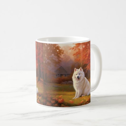 Amerikanische Eskimo im Herbst Leaves Fall Inspiri Kaffeetasse (VorderseiteRechts)