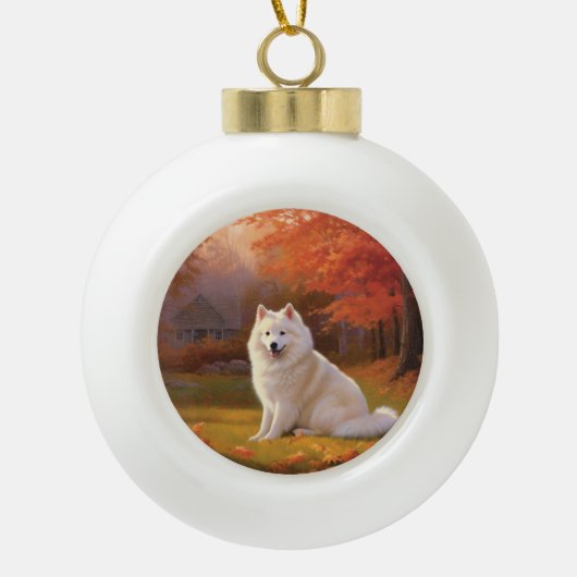 Amerikanische Eskimo im Herbst Leaves Fall Inspiri Keramik Kugel-Ornament (Vorderseite)