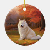 Amerikanische Eskimo im Herbst Leaves Fall Inspiri Keramik Ornament (Hinten)