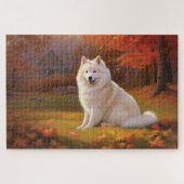 Amerikanische Eskimo im Herbst Leaves Fall Inspiri Puzzle (Horizontal)
