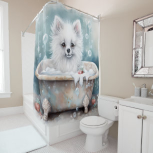 Amerikanische Eskimo in der Badewanne Wasserfarben Duschvorhang