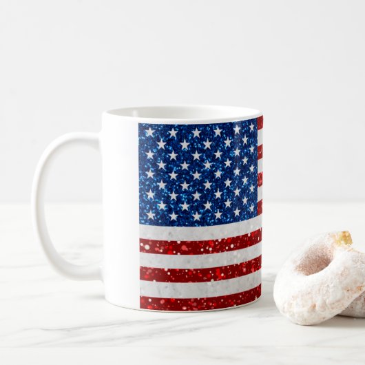 Amerikanische Flagge 4. Juli Glitzer Kaffeetasse (Mit Donut)