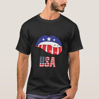 Amerikanische Flagge Beißt Lippe USA 4. Juli Unabh T-Shirt