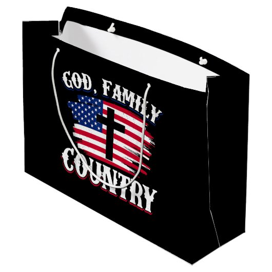 Amerikanische Flagge des Gottes, Familie, Christli Große Geschenktüte (Rückseite Schrägansicht)
