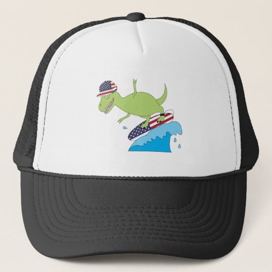 Amerikanische Flagge Dinosaurier Surfing Truckerkappe (Vorderseite)