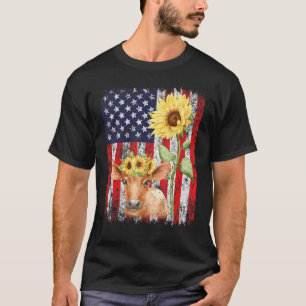 Amerikanische Flagge Farm Kuh Sonnenblume Landwirt T-Shirt
