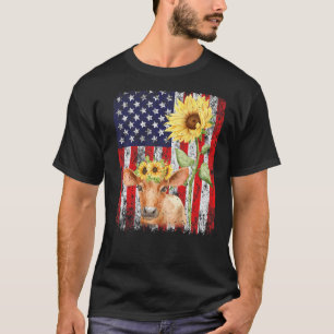 Amerikanische Flagge Farm Kuh Sonnenblume Landwirt T-Shirt