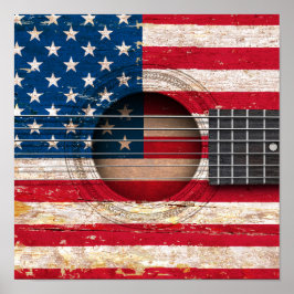 Amerikanische Flagge für alte akustische Gitarre Poster