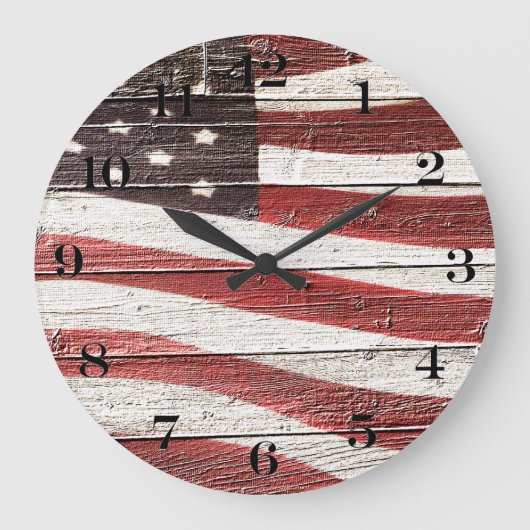 Amerikanische Flagge für rustikale Holztextur Große Wanduhr (Vorderseite)