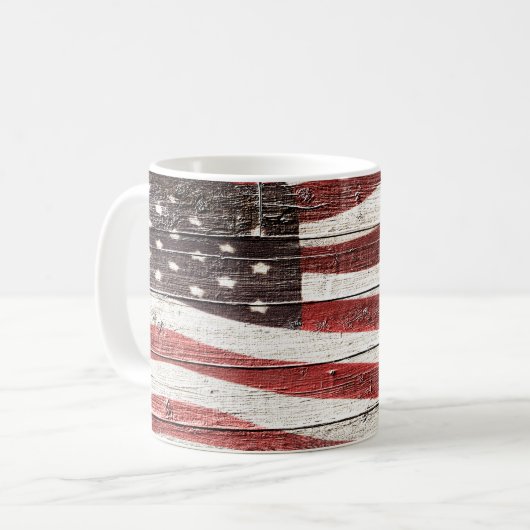 Amerikanische Flagge für rustikale Holztextur Kaffeetasse (Vorderseite Links)