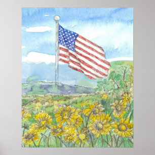Amerikanische Flagge Gelbe Wildblumenlandschaft Poster