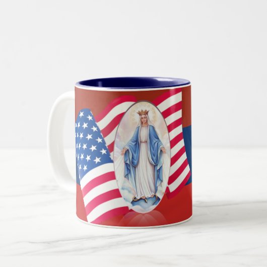 Amerikanische Flagge Gesegnete Jungfrau Mary Zweifarbige Tasse (Vorderseite Links)