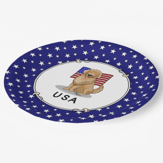 Amerikanische Flagge Golden Retriever Dog Patrioti Pappteller (Schrägansicht)