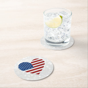 Amerikanische Flagge Herz 4. Juli Glitter Runder Pappuntersetzer