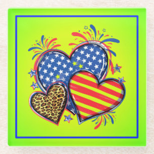 Amerikanische Flagge Herz Leopard Sublimation-6421 Glasuntersetzer