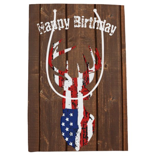 Amerikanische Flagge Hirsch auf Eichenholz Mittlere Geschenktüte (Vorderseite)