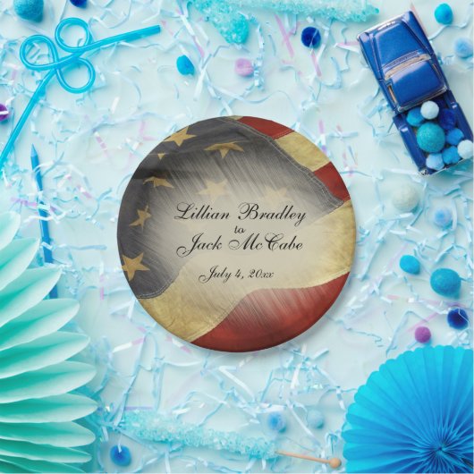 Amerikanische Flagge - Hochzeitnamen und Datum Pappteller (Party)