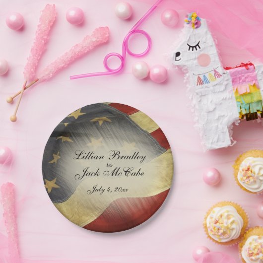 Amerikanische Flagge - Hochzeitnamen und Datum Pappteller (Party)